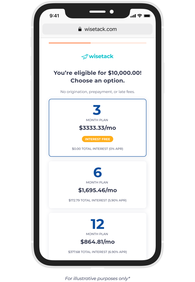 Illustrative Wisetack financing options shown on a mobile phone